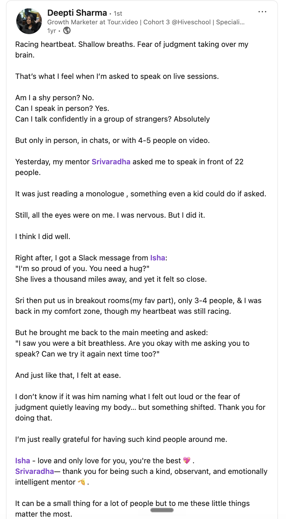 Deepti Sharma post on Sri's mentorship during a live session