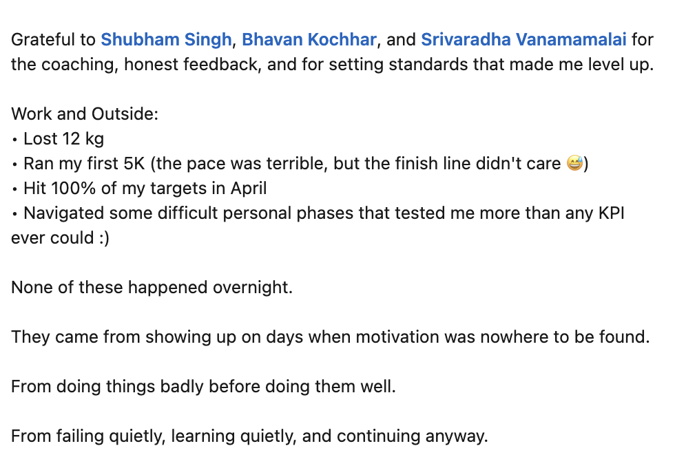 Grateful post from Shubham Singh on coaching from Sri