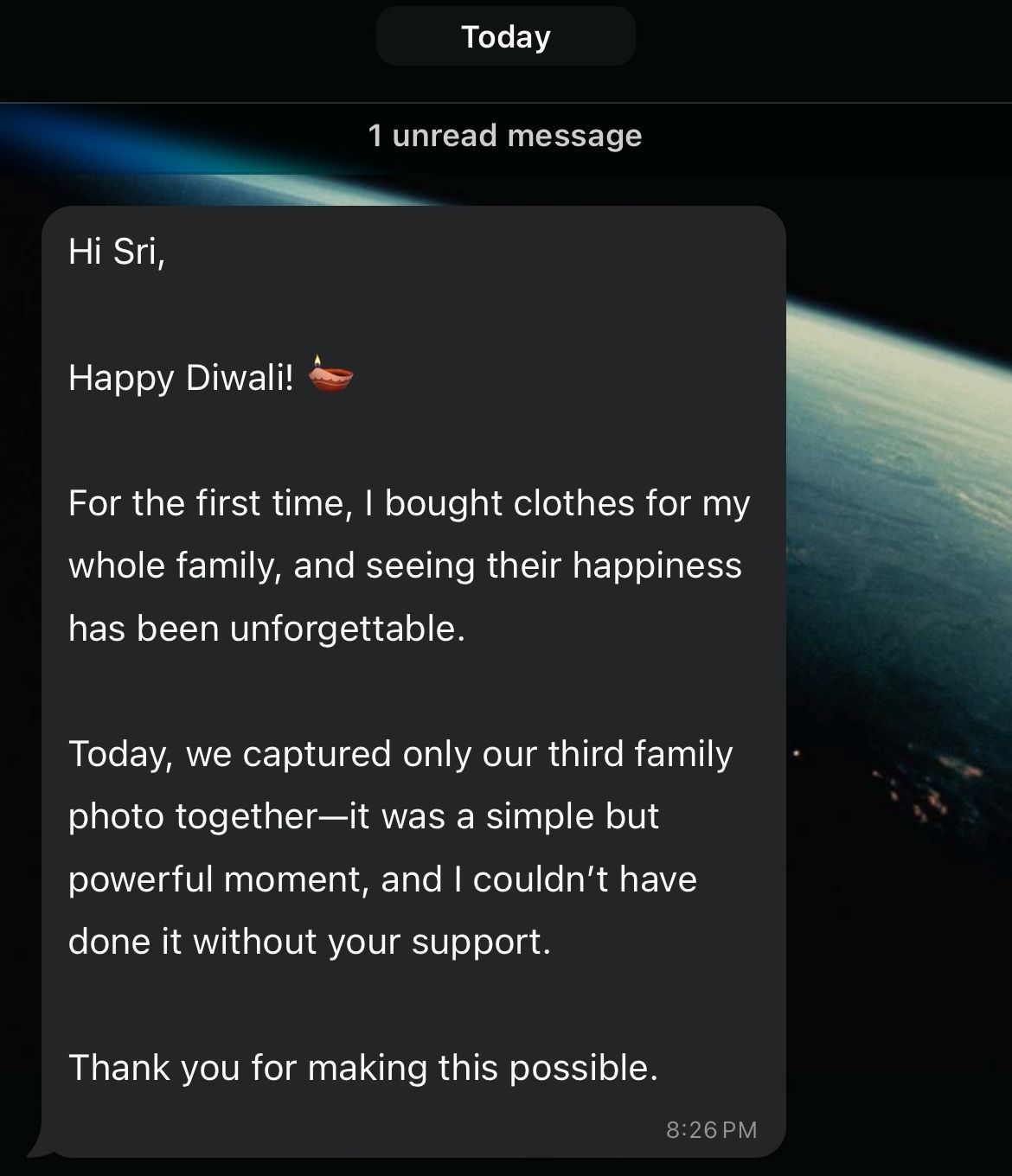 Diwali message, first time buying clothes for family