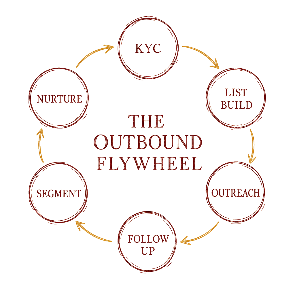 The Outbound Flywheel — KYC, List Build, Outreach, Follow Up, Segment, Nurture